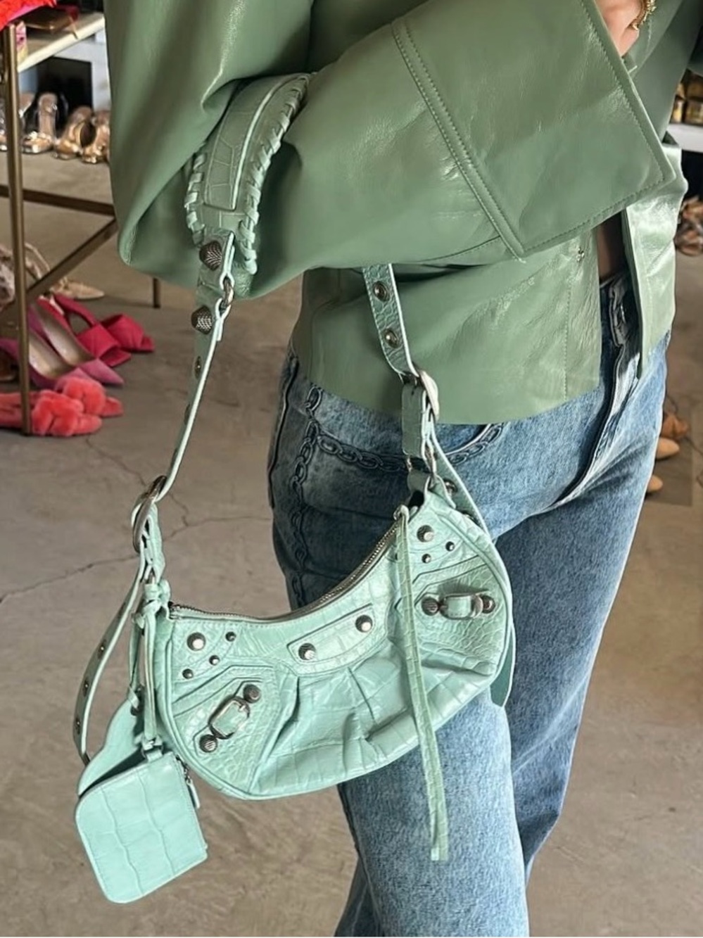 Balenciaga Mint Croc-Embossed Shoulder Bag with Heart Charm and Coin Pouch